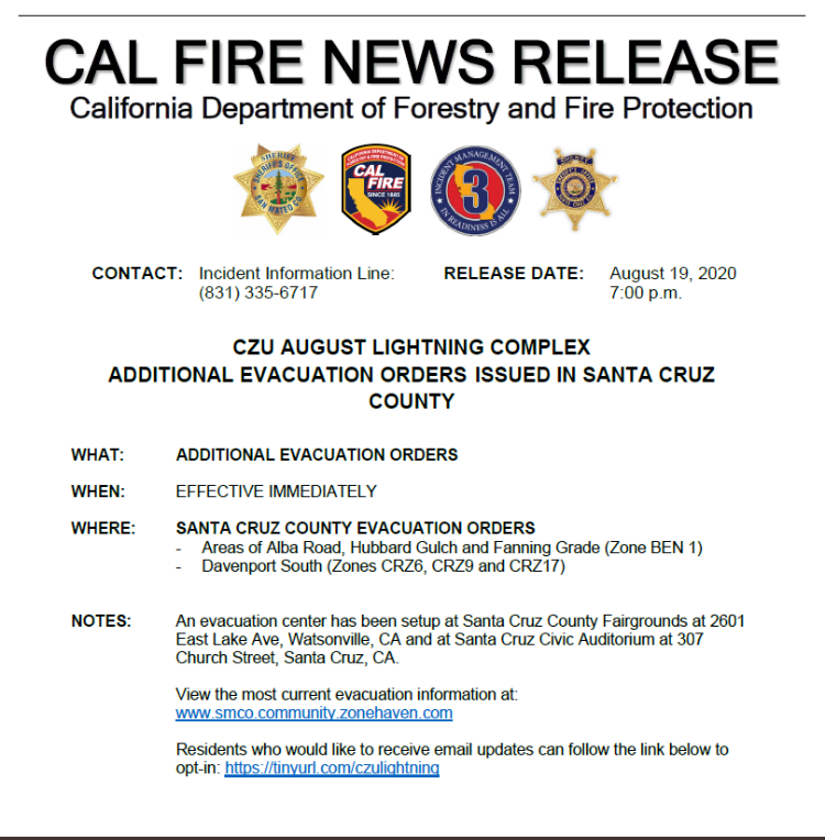 UPDATED EVACUATION ORDERS AND WARNINGS CZU AUGUST LIGHTNING